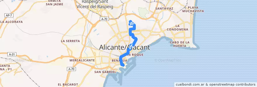 Mapa del recorrido 06: Juan XXIII (2º sector) ⇒ Estación de Autobuses de la línea  en Alacant / Alicante.