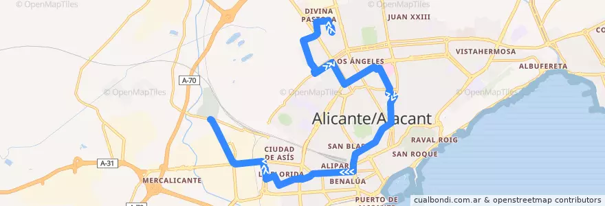 Mapa del recorrido 04: Barrio Tómbola ⇒ Cementerio de la línea  en Alacant / Alicante.