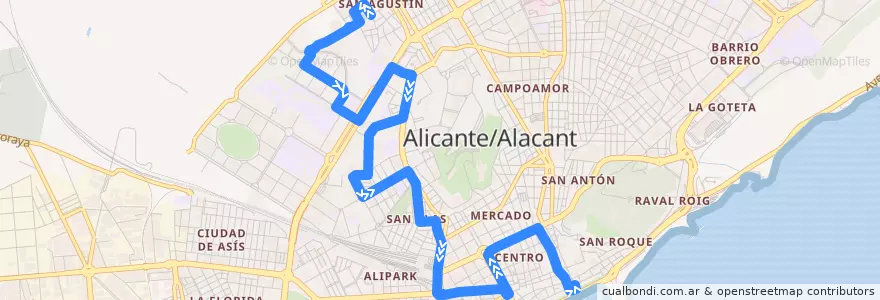 Mapa del recorrido 05: San Agustín ⇒ Explanada de la línea  en Alicante.