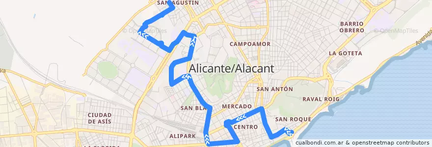 Mapa del recorrido 05v: Plaza Puerta Del Mar ⇒ San Agustín de la línea  en Alacant / Alicante.