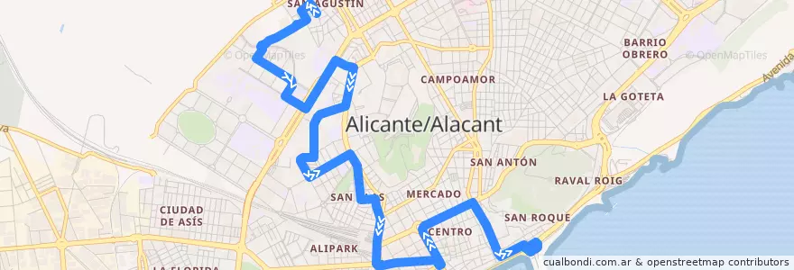 Mapa del recorrido 05v: San Agustín ⇒ Plaza Puerta Del Mar de la línea  en Alicante.
