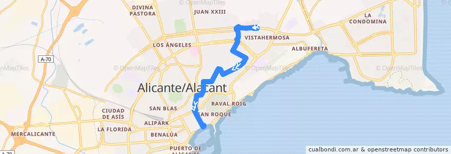 Mapa del recorrido 10: Via Parque (C.C. Vistahermosa) ⇒ Gran Via ⇒ Explanada de la línea  en Alicante.