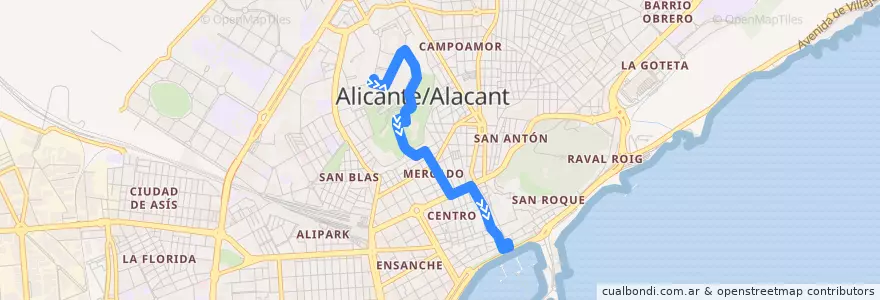 Mapa del recorrido 39: Centro de Tecnificación ⇒ Monte Tossal ⇒ Explanada de la línea  en Alacant / Alicante.