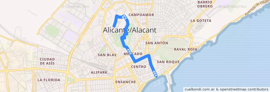 Mapa del recorrido 39: Explanada ⇒ Monte Tossal ⇒ Centro de Tecnificación de la línea  en Alacant / Alicante.