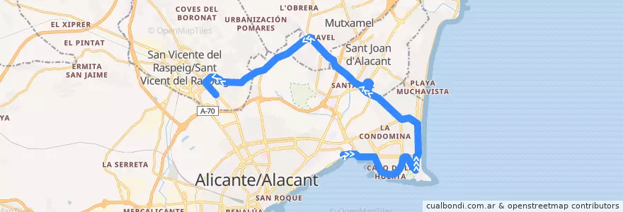 Mapa del recorrido 38: Playa San Juan ⇒ Universidad de la línea  en l'Alacantí.