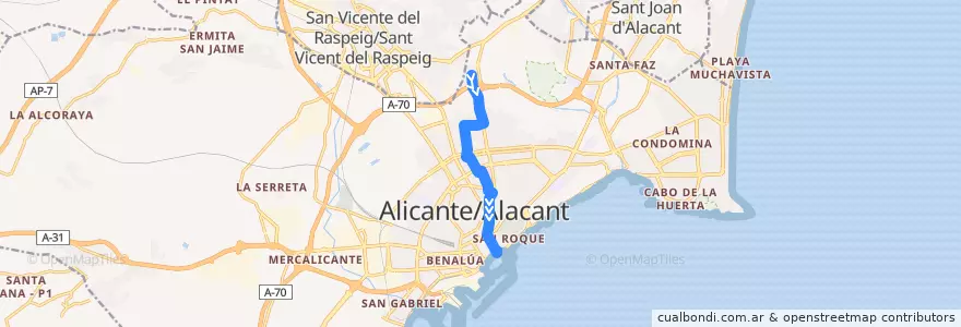 Mapa del recorrido 13: Villafranqueza ⇒ Explanada de la línea  en Alacant / Alicante.