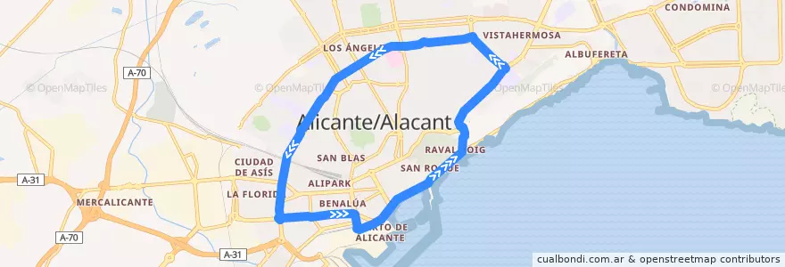 Mapa del recorrido B (Circular): Plaza Puerta Del Mar ⇒ Gran Vía (Vistahermosa⇒La Florida) de la línea  en Аликанте.