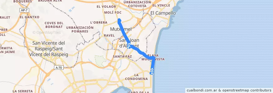 Mapa del recorrido 31: Playa San Juan ⇒ Mutxamel de la línea  en l'Alacantí.