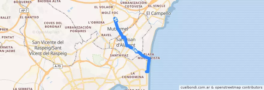 Mapa del recorrido 31: Mutxamel ⇒ Playa San Juan de la línea  en l'Alacantí.