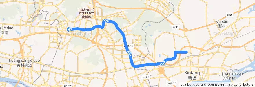 Mapa del recorrido 375路[凤凰城(凤馨苑)总站-科学城(天泰二路)总站] de la línea  en 광저우시.