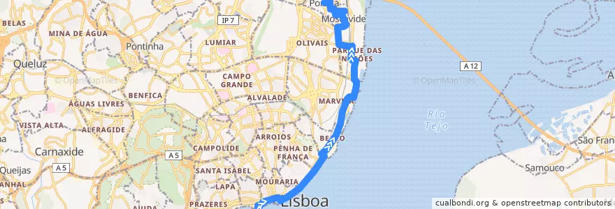 Mapa del recorrido Bus 728: Cais do Sodré → Centro Comercial da Portela de la línea  en 葡萄牙.