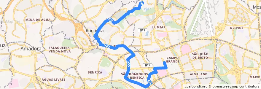 Mapa del recorrido Bus 768: Quinta dos Alcoutins → Cidade Universitária de la línea  en Lisboa.