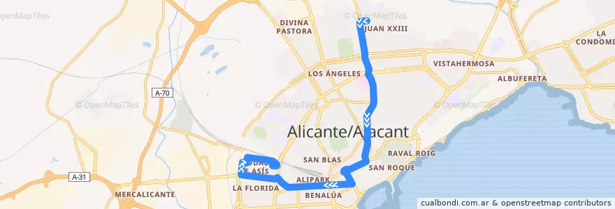 Mapa del recorrido 03: Colonia Requena ⇒ Ciudad de Asís de la línea  en Alicante.