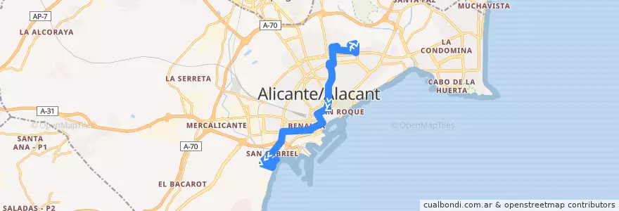 Mapa del recorrido 01: Ciudad Elegida ⇒ San Gabriel de la línea  en Alacant / Alicante.