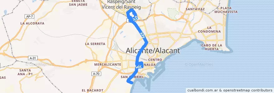 Mapa del recorrido 36: Universidad ⇒ San Gabriel de la línea  en Alicante.