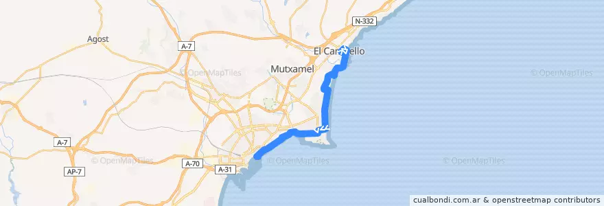Mapa del recorrido 21N: El Campello ⇒ Alicante, Plaza Puerta Del Mar de la línea  en l'Alacantí.