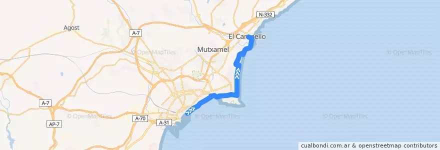 Mapa del recorrido 21N: Alicante, Plaza Puerta Del Mar ⇒ El Campello de la línea  en l'Alacantí.