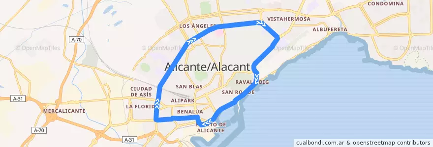Mapa del recorrido A (Circular): Plaza Puerta Del Mar ⇒ Gran Vía (La Florida⇒Vistahermosa) de la línea  en Alacant / Alicante.