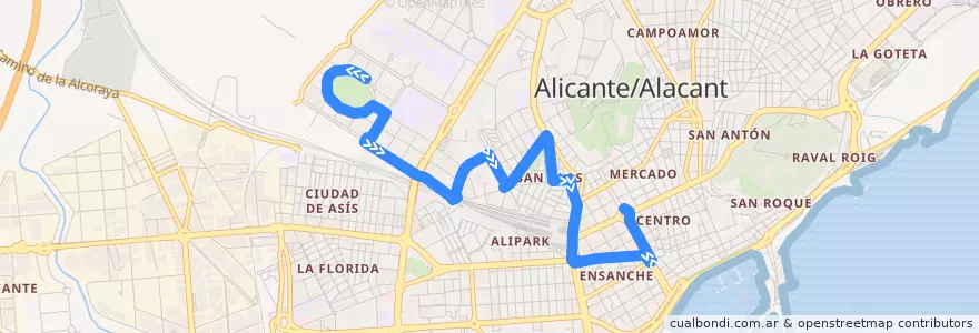 Mapa del recorrido 12: Pau I ⇒ Plaza de Los Luceros de la línea  en Alacant / Alicante.