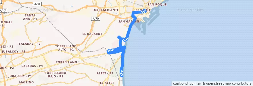 Mapa del recorrido 27: Óscar Esplá ⇒ Urbanova (paso Euipo y Av. Elche) de la línea  en Alicante.