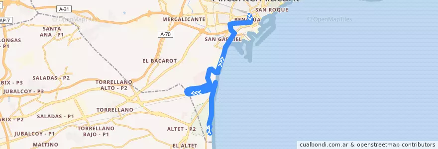 Mapa del recorrido 27: Urbanova ⇒ Óscar Esplá (paso Euipo y Av. Elche) de la línea  en Alicante.