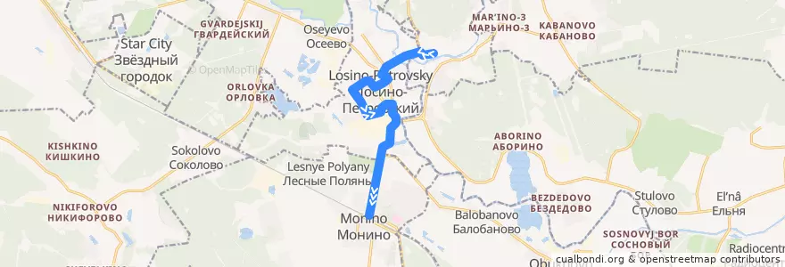 Mapa del recorrido Автобус 32: Санаторий «Монино» => Станция Монино de la línea  en городской округ Лосино-Петровский.