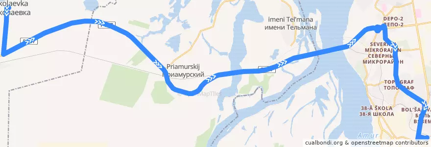 Mapa del recorrido Автобус 103: поселок Николаевка - Железнодорожный вокзал de la línea  en Дальневосточный федеральный округ.