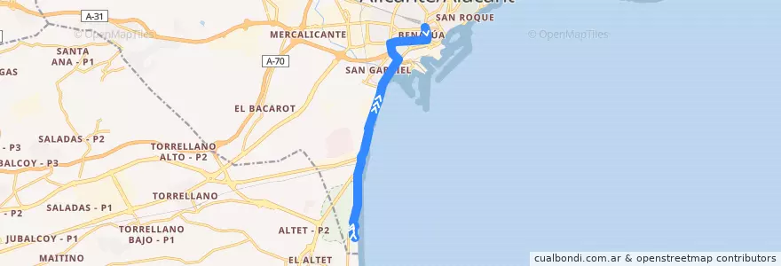 Mapa del recorrido 27: Urbanova ⇒ Óscar Esplá de la línea  en Alacant / Alicante.
