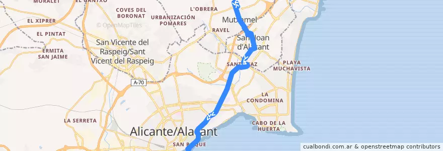 Mapa del recorrido 23N: Mutxamel ⇒ Alicante, Plaza Puerta Del Mar de la línea  en Алаканти.