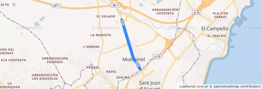 Mapa del recorrido 136: Cementerio Mutxamel ⇒ Avenida Alicante de la línea  en Mutxamel.