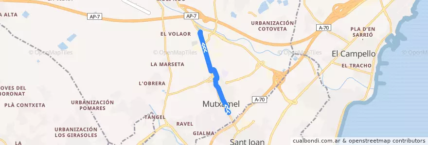 Mapa del recorrido 136: Avenida Alicante ⇒ Cementerio Mutxamel de la línea  en Mutxamel.