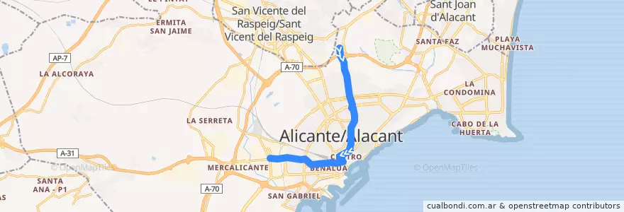 Mapa del recorrido 03N: Villafranqueza ⇒ Ciudad de Asís de la línea  en Alacant / Alicante.