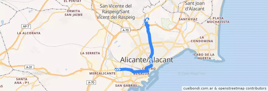 Mapa del recorrido 03N: Ciudad de Asís ⇒ Villafranqueza de la línea  en Alacant / Alicante.