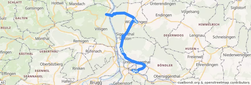 Mapa del recorrido Bus 357: Turgi => Villigen, PSI West de la línea  en Bezirk Baden.