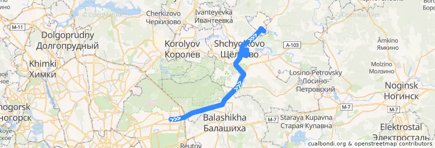 Mapa del recorrido Автобус 361: Москва (метро «Щёлковская») => Станция Щёлково => Фрязино (автостанция) de la línea  en Oblast Moskou.