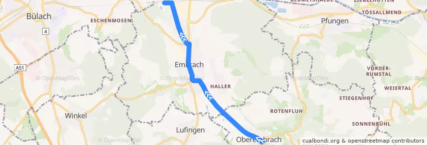 Mapa del recorrido Bus 523: Oberembrach, Dorf => Embrach-Rorbas, Bahnhof de la línea  en Bezirk Bülach.