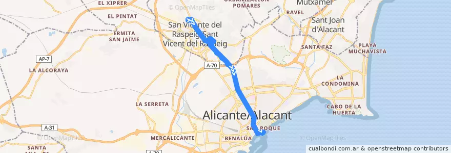 Mapa del recorrido 24N: San Vicente del Raspeig ⇒ Universidad ⇒ Alicante, Plaza Puerta Del Mar de la línea  en l'Alacantí.