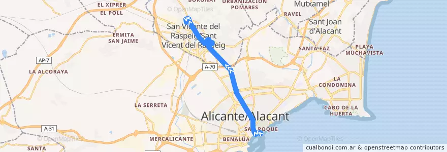 Mapa del recorrido 24N: Alicante, Plaza Puerta Del Mar ⇒ Universidad ⇒ San Vicente del Raspeig de la línea  en l'Alacantí.
