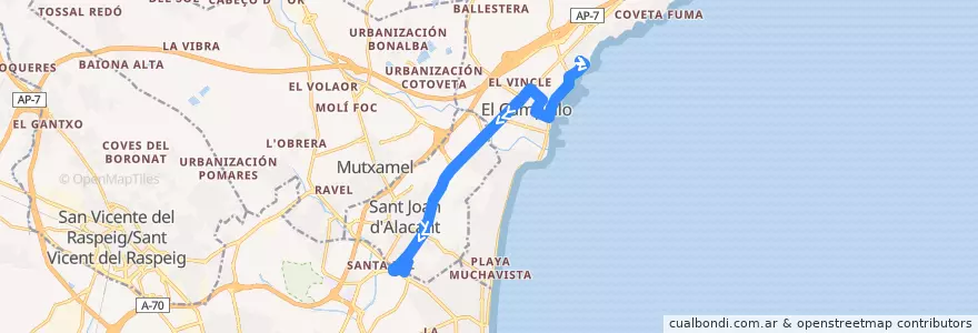 Mapa del recorrido C-53: El Campello ⇒ Hospital de Sant Joan de la línea  en l'Alacantí.
