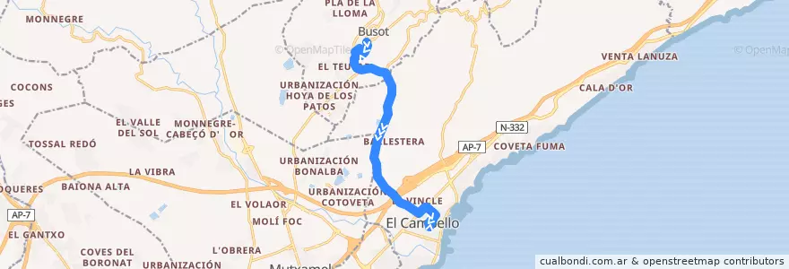 Mapa del recorrido C-52: Busot ⇒ El Campello de la línea  en l'Alacantí.
