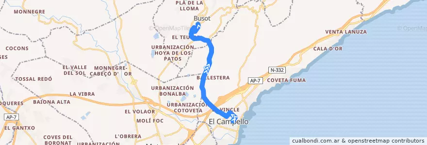 Mapa del recorrido C-52: El Campello ⇒ Busot de la línea  en l'Alacantí.