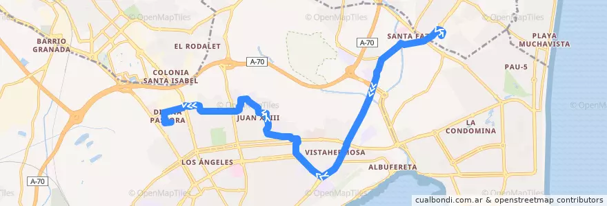 Mapa del recorrido 11H: Hospital de Sant Joan ⇒ Virgen del Remedio ⇒ Divina Pastora de la línea  en Alacant / Alicante.