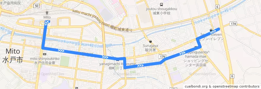 Mapa del recorrido 茨城交通バス 水戸駅南口⇒本町⇒浜田営業所 de la línea  en 水戸市.