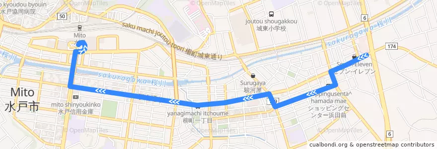 Mapa del recorrido 茨城交通バス 浜田営業所⇒本町⇒水戸駅南口 de la línea  en Мито.