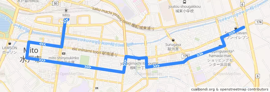 Mapa del recorrido 茨城交通バス 水戸駅南口⇒市役所・本町⇒浜田営業所 de la línea  en Mito.