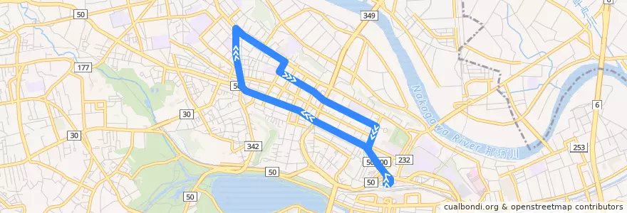 Mapa del recorrido 茨城交通バス 市内循環（外回り） de la línea  en Mito.