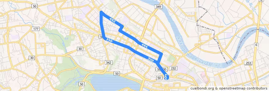 Mapa del recorrido 茨城交通バス 市内循環（内回り） de la línea  en 水戸市.