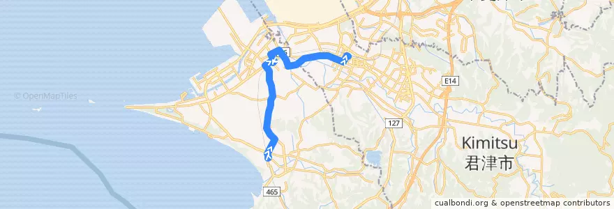 Mapa del recorrido 富津市役所・君津駅線（君津駅南口行き、富津市役所・アピタ前通過） de la línea  en Prefectura de Chiba.