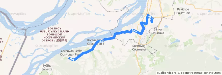 Mapa del recorrido Автобус 133: поселок Осиновая Речка - Индустриальный посёлок de la línea  en Krai de Jabárovsk.