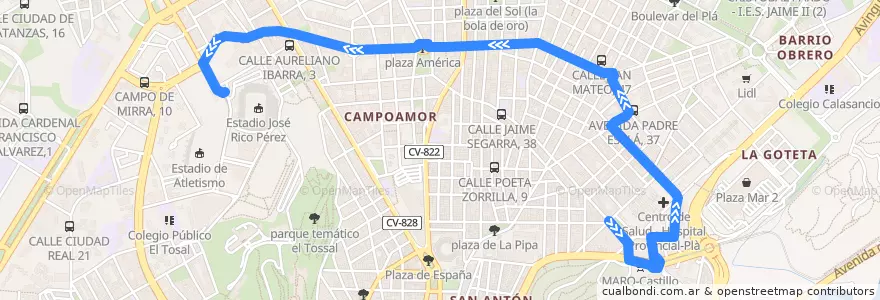 Mapa del recorrido 191 (Especial Fútbol): Estadio J. Rico Perez ⇒ Pla ⇒ Carolinas de la línea  en Alacant / Alicante.